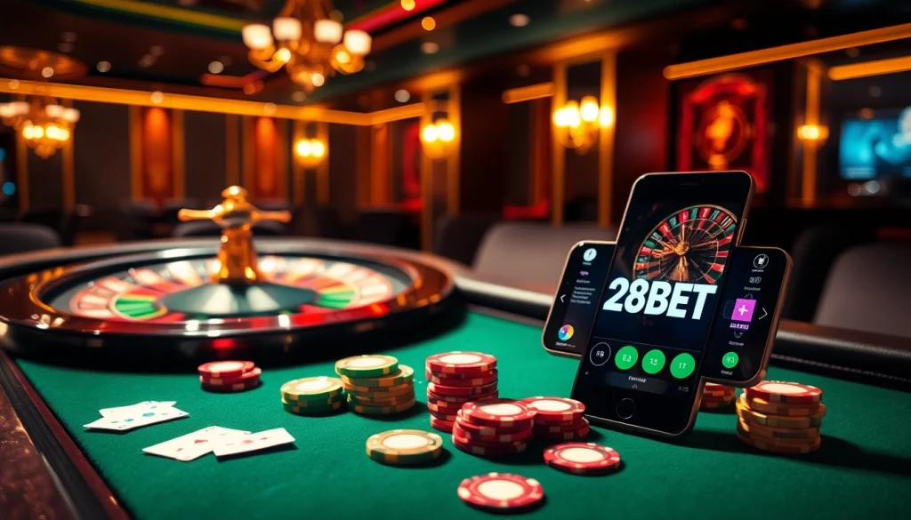 Experience high-stakes excitement with 28BET at a luxury casino table featuring poker chips and cards.