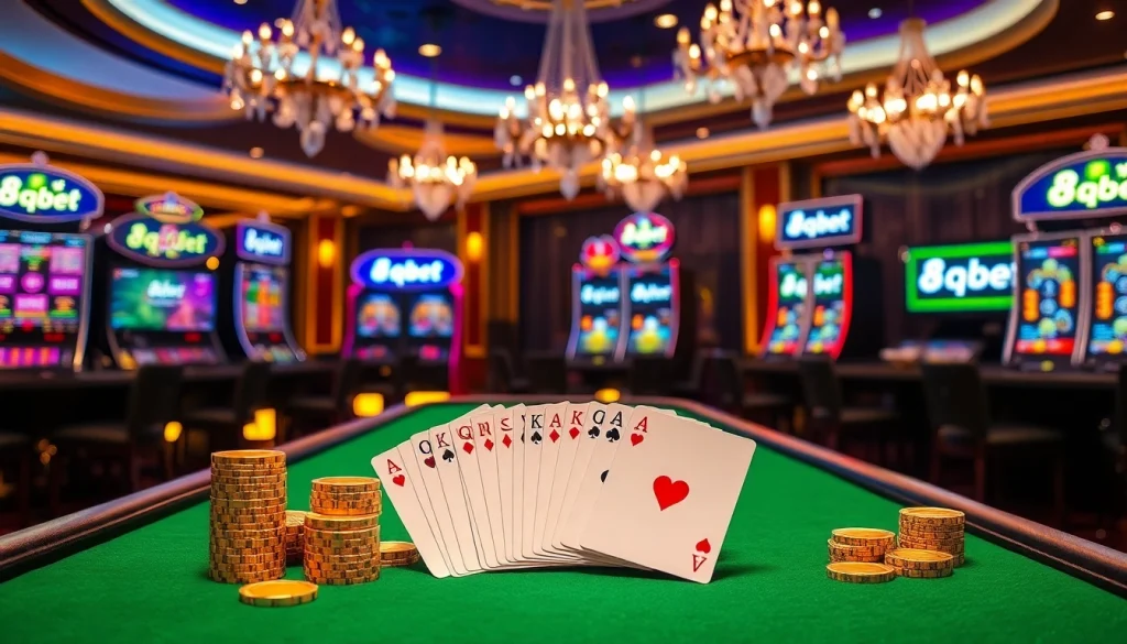 Experience the exciting gaming atmosphere of 8qbet with vibrant tables and slot machines.