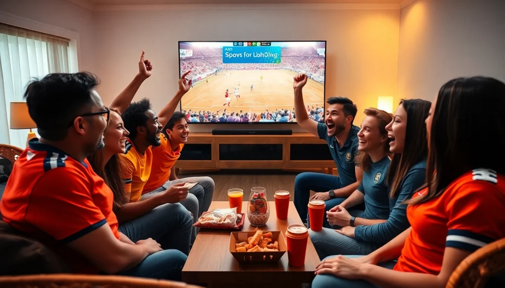 Excited fans enjoying a high-definition sports match on 토토스토리 in a cozy living room, showcasing vibrant energy.