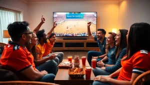 Excited fans enjoying a high-definition sports match on 토토스토리 in a cozy living room, showcasing vibrant energy.
