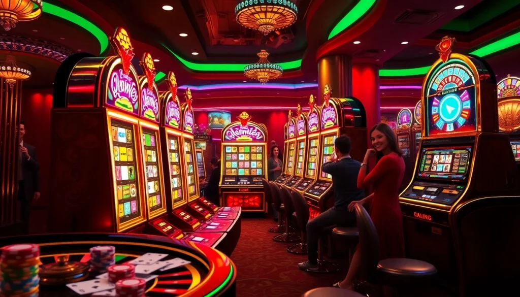 Excited players enjoying slot gacor nekatwin at vibrant casino slot machines.