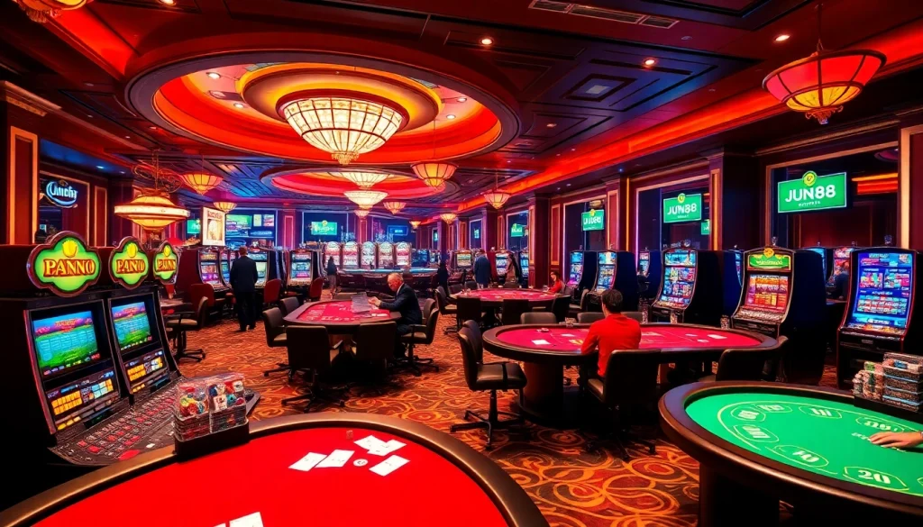 Experience excitement at Jun88 with vibrant casino gaming tables and players engaged in thrilling action.