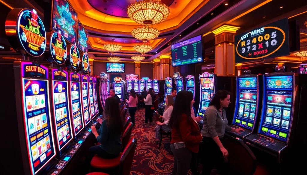 Excited players engaging with slot88 machines in a vibrant casino atmosphere, highlighting thrilling gaming experiences.