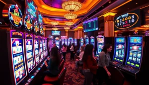 Excited players engaging with slot88 machines in a vibrant casino atmosphere, highlighting thrilling gaming experiences.