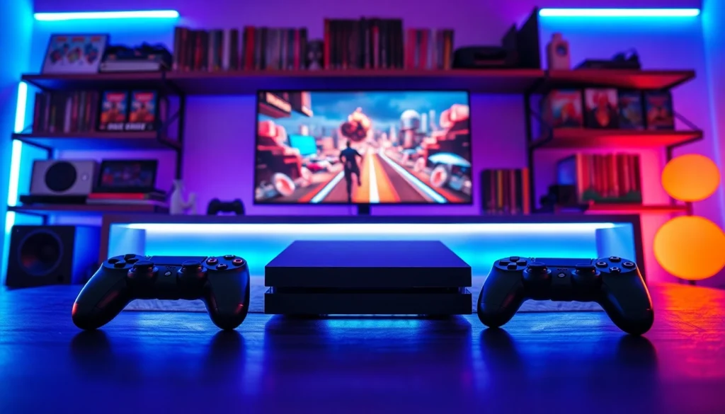 Ekscytujący PlayStation na nowoczesnym biurku z podświetleniem LED i grami w tle.