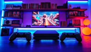 Ekscytujący PlayStation na nowoczesnym biurku z podświetleniem LED i grami w tle.