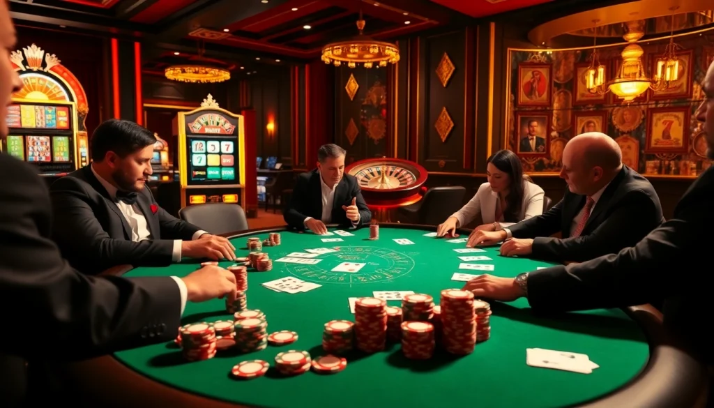 Action intense au poker à une table de casino en ligne avec des jetons et des cartes colorés.