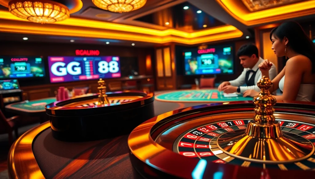 GG88 players engaging in an exciting poker game at a luxurious casino table.