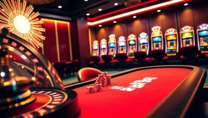 Atmosphère excitante de casino en ligne avec des tables de poker, une roue de roulette et des machines à sous vibrantes.