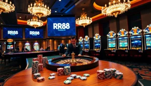 Experience the excitement of RR88 with vibrant casino visuals and engaging gameplay elements.