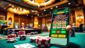 IDN Poker online interface on a smartphone with vibrant casino elements like chips and cards.