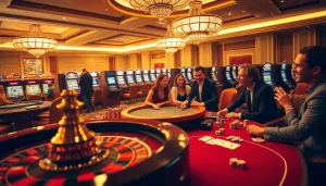 Engaging poker players at a glamorous casino showcasing the link thabet experience in thrilling gameplay.