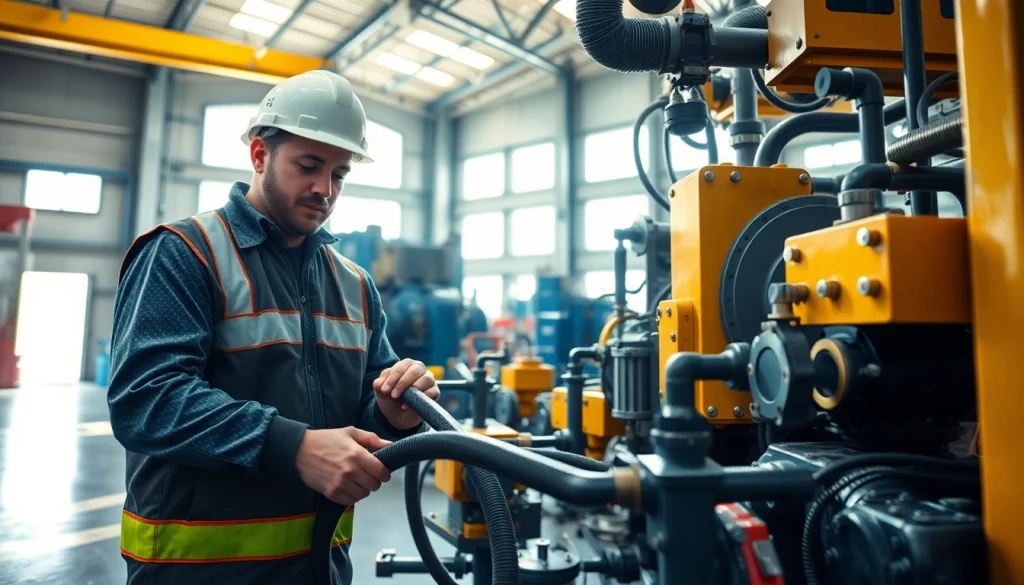 Technician performing mobile hydraulic services with equipment in an industrial workshop.