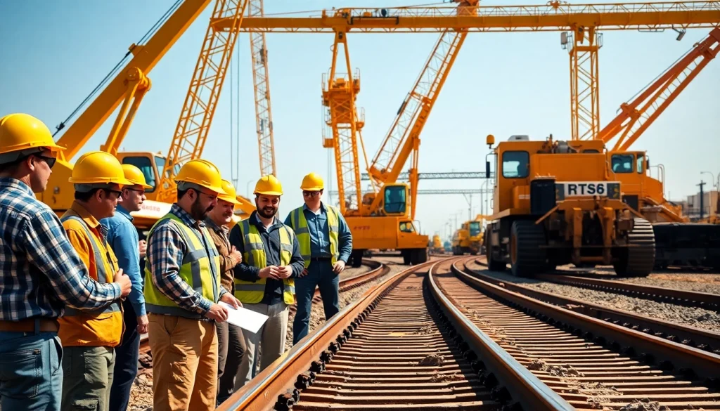 Railroad Contractors collaborating at a busy construction site with heavy machinery.