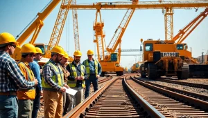 Railroad Contractors collaborating at a busy construction site with heavy machinery.