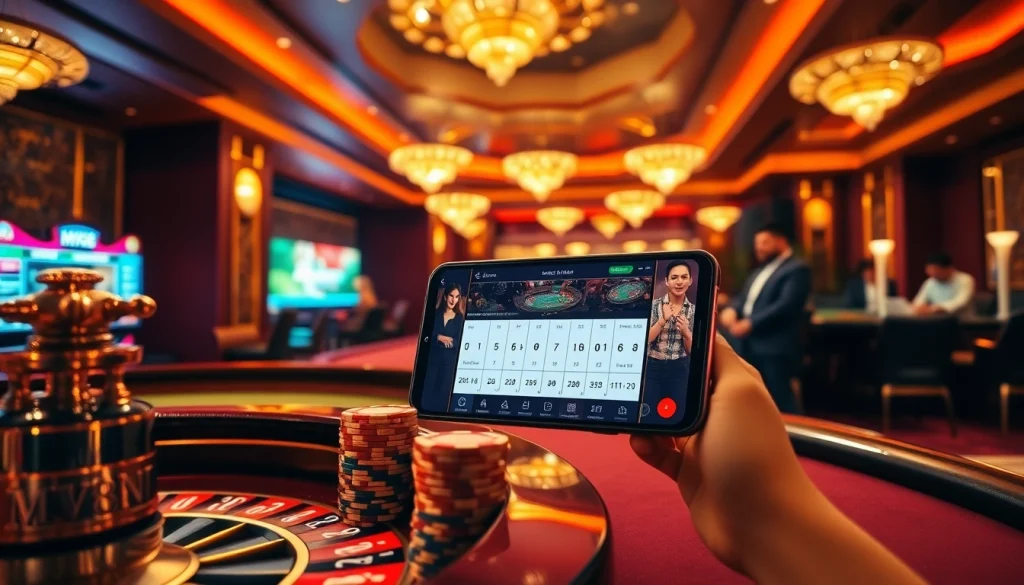Engaging scene of a luxurious casino featuring gaming elements and a smartphone interface, highlighting MV88 audio experiences.
