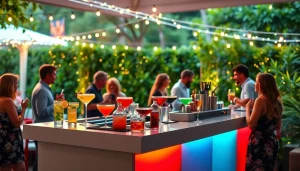 Engaged guests enjoying a vibrant mobile bar service at an outdoor event.