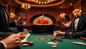 Players enjoying the thrill of KK55 gaming at a vibrant casino table with colorful chips and cards.