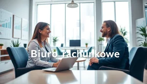 Profesjonalne usługi księgowe w Biurze rachunkowym w Poznaniu, Polska, pokazujące Marzenę Owczarzak pomagającą klientowi.