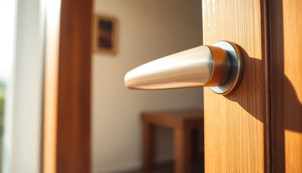Door handle showcasing elegant design with polished metal finish against a minimalist background.