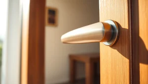 Door handle showcasing elegant design with polished metal finish against a minimalist background.