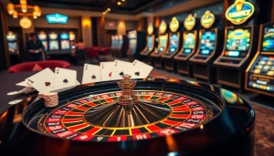 Scène de jeu de casino en ligne captivante avec une table de roulette élégante et des machines à sous vibrantes.