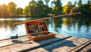 Find exquisite fly fishing gifts beautifully arranged on a rustic table by a lake.
