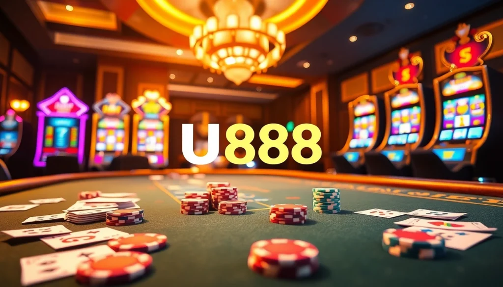 U888 casino scene showcasing vibrant tables, poker chips, and slot machines for an exciting experience.