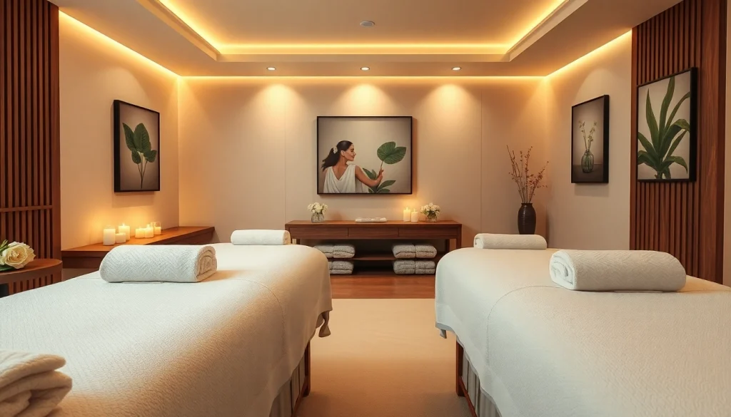 편안한 조명과 고급스러운 마사지 테이블이 있는 고요한 스파 환경에서 부산마사지를 경험하세요.