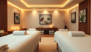 편안한 조명과 고급스러운 마사지 테이블이 있는 고요한 스파 환경에서 부산마사지를 경험하세요.