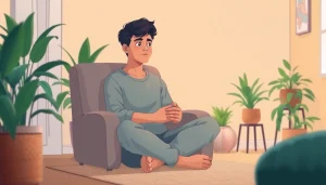 Anxiety symptoms illustrated through a serene individual in a cozy living room setting.