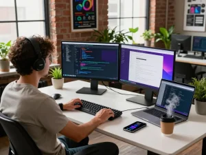 Experience the power of 谷歌浏览器 in a modern tech workspace with developer tools and vibrant coding.