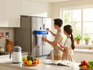Installing Waterdrop Maxblue EDR3RXD1 Replacement for 4396841 filter in a bright modern kitchen, showcasing family engagement.