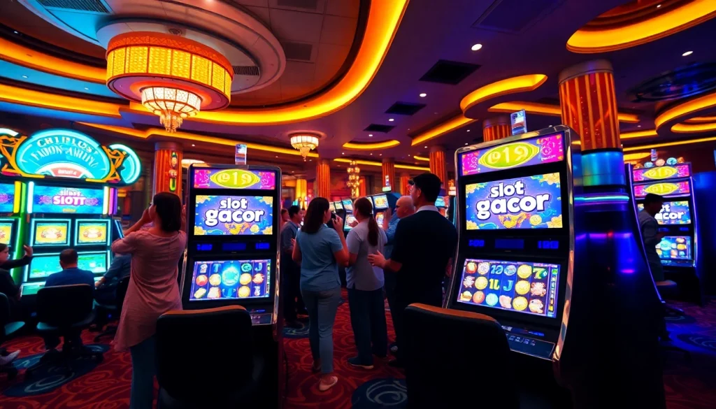 Players celebrating big wins at slot gacor machines in a vibrant casino, highlighting excitement and luxury.