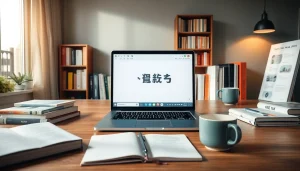 Modern workspace showcasing 有道翻译 on a laptop surrounded by translation resources.