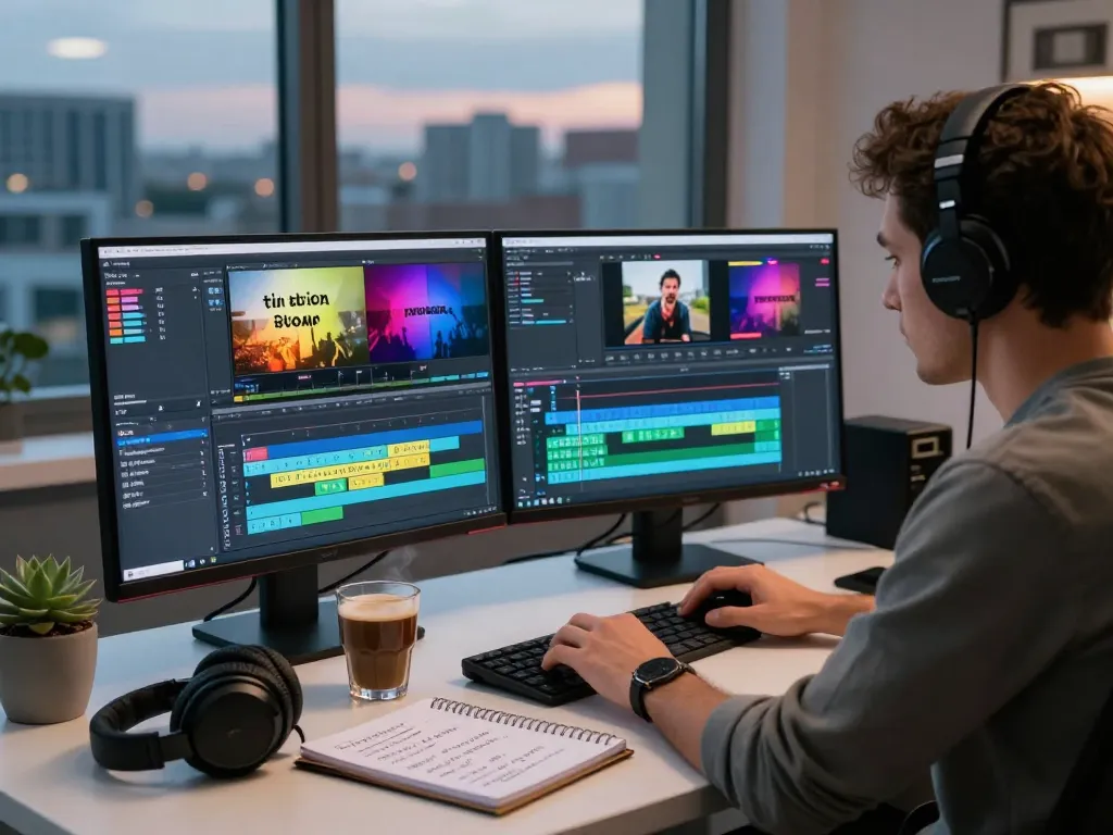 Video to prompt scene of a video editor generating AI prompts in a vibrant studio setting.