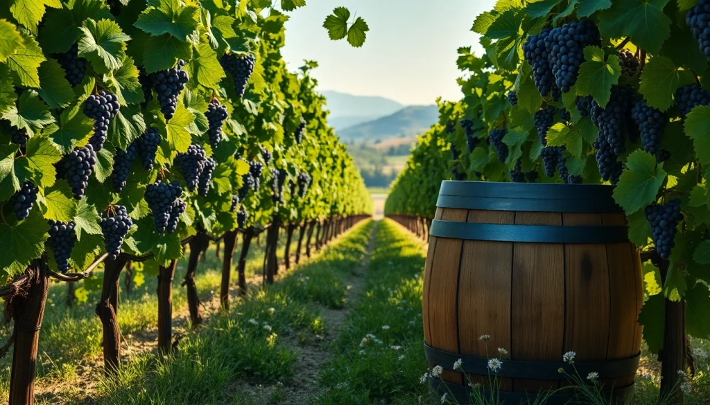 Experience Clarksburg wines with vibrant vineyard landscape showcasing ripe grapes.