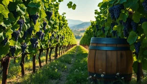 Experience Clarksburg wines with vibrant vineyard landscape showcasing ripe grapes.