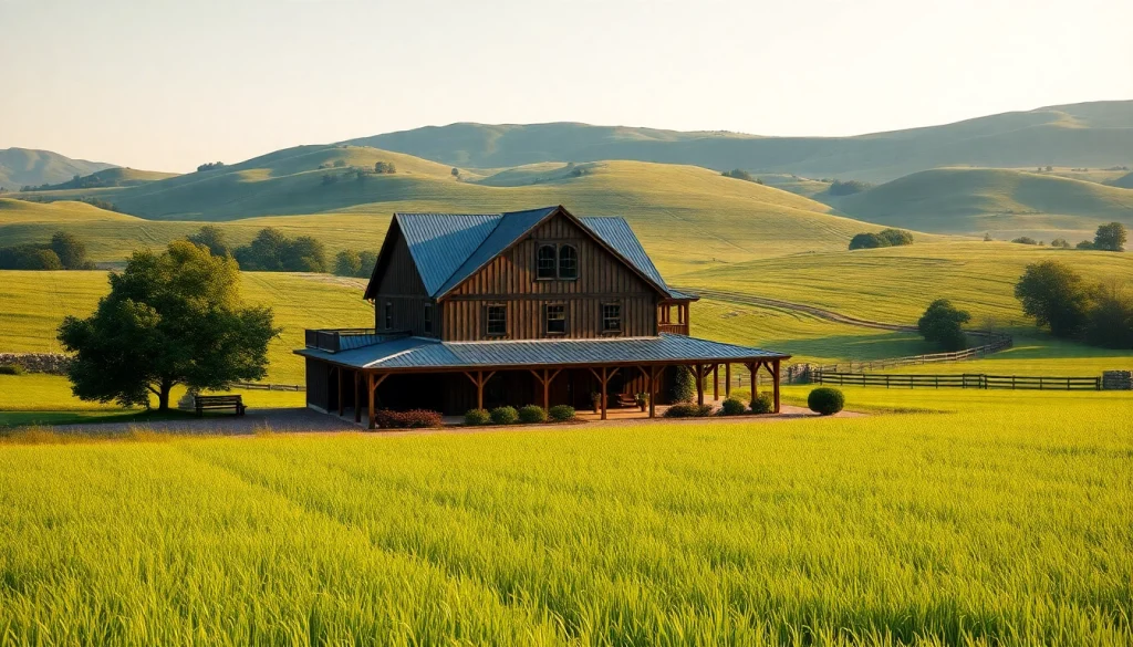 Admire the Winding River Farmhouse New Build showcasing rustic charm amidst lush greenery.