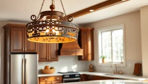 Beautiful island lighting fixture illuminating a modern kitchen space.