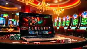 Interface de casino en ligne avec des éléments de jeu vibrants, invitant les joueurs à profiter de retraits instantanés.
