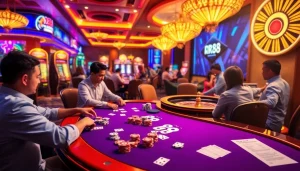 RR88 players enjoying a lively casino atmosphere with poker and slot games.