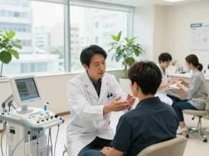 クリニック相談で自毛植毛おすすめ口コミ＆評判情報【ショクコミ】について話し合う患者、専門スタッフと居心地の良い雰囲気を示しています。