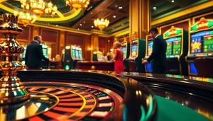 KPI4D gamblers engaging in a high-stakes game at a vibrant casino with roulette and chips.