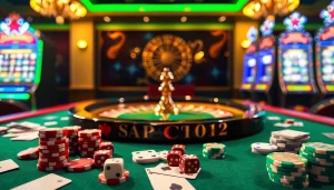 Scène passionnante de casino en ligne avec des jetons de poker et une roue de roulette.