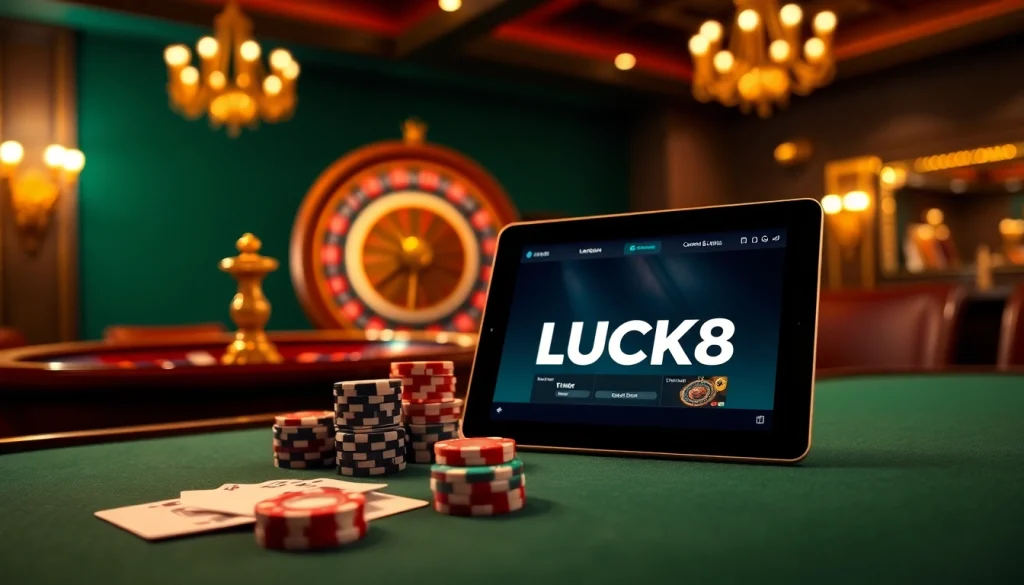 LUCK8 online gambling interface showcased on a luxurious casino table with poker cards and roulette wheel.