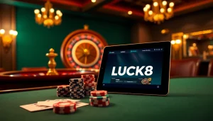 LUCK8 online gambling interface showcased on a luxurious casino table with poker cards and roulette wheel.