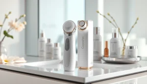 Facial whitening instrument manual displayed in a serene skincare setup with beauty products.