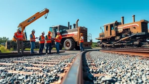 Railroad Track Construction Company workers operating heavy machinery on-site, ensuring track quality.
