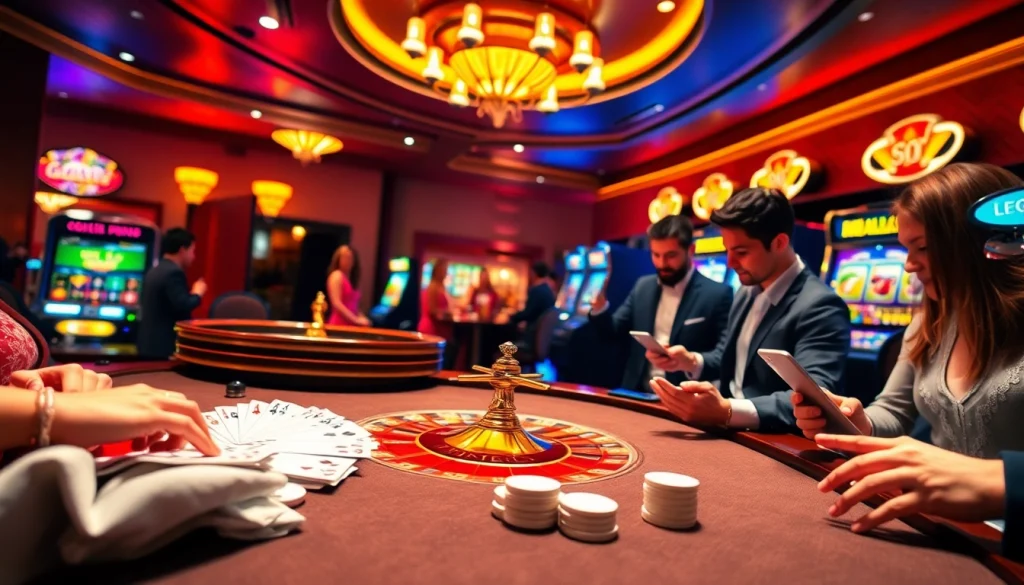 Engage with thrilling gameplay at https://f8betb1.com/, showcasing a vibrant casino atmosphere with poker and roulette.